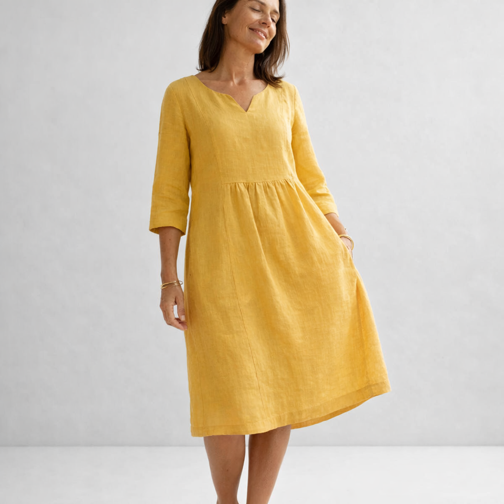 V-Neck Casual Cotton & Linen Dress – 3/4 Sleeves with Side Zip