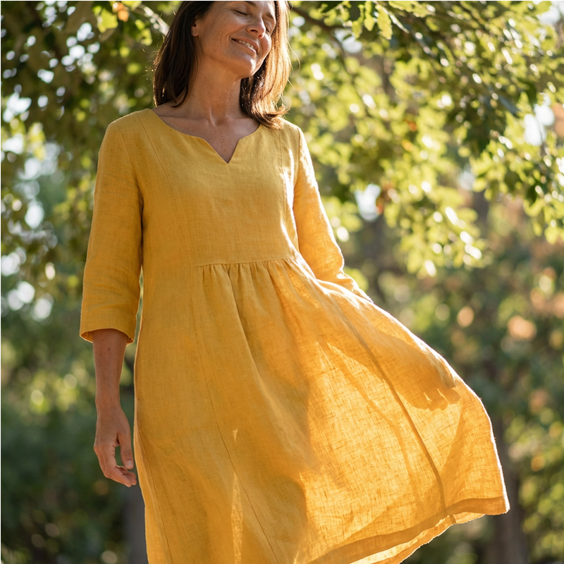 V-Neck Casual Cotton & Linen Dress – 3/4 Sleeves with Side Zip