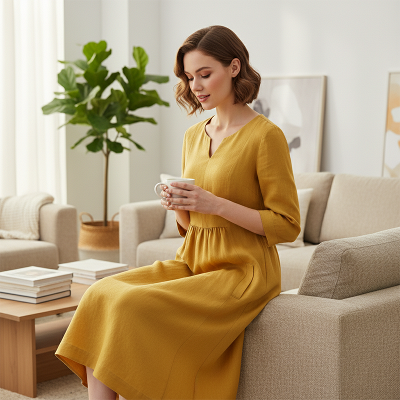 V-Neck Casual Cotton & Linen Dress – 3/4 Sleeves with Side Zip